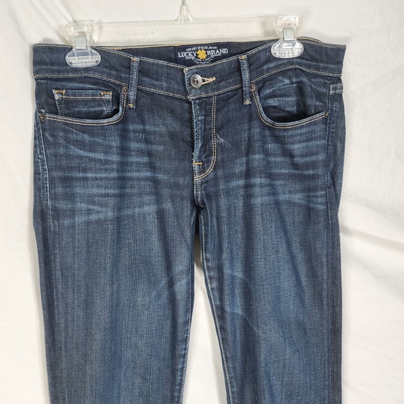 LUCKY BRAND Size 6 CATE BOOT Dark Blue Distressed Denim Boot Cut Jeans - Picture 3 of 13
